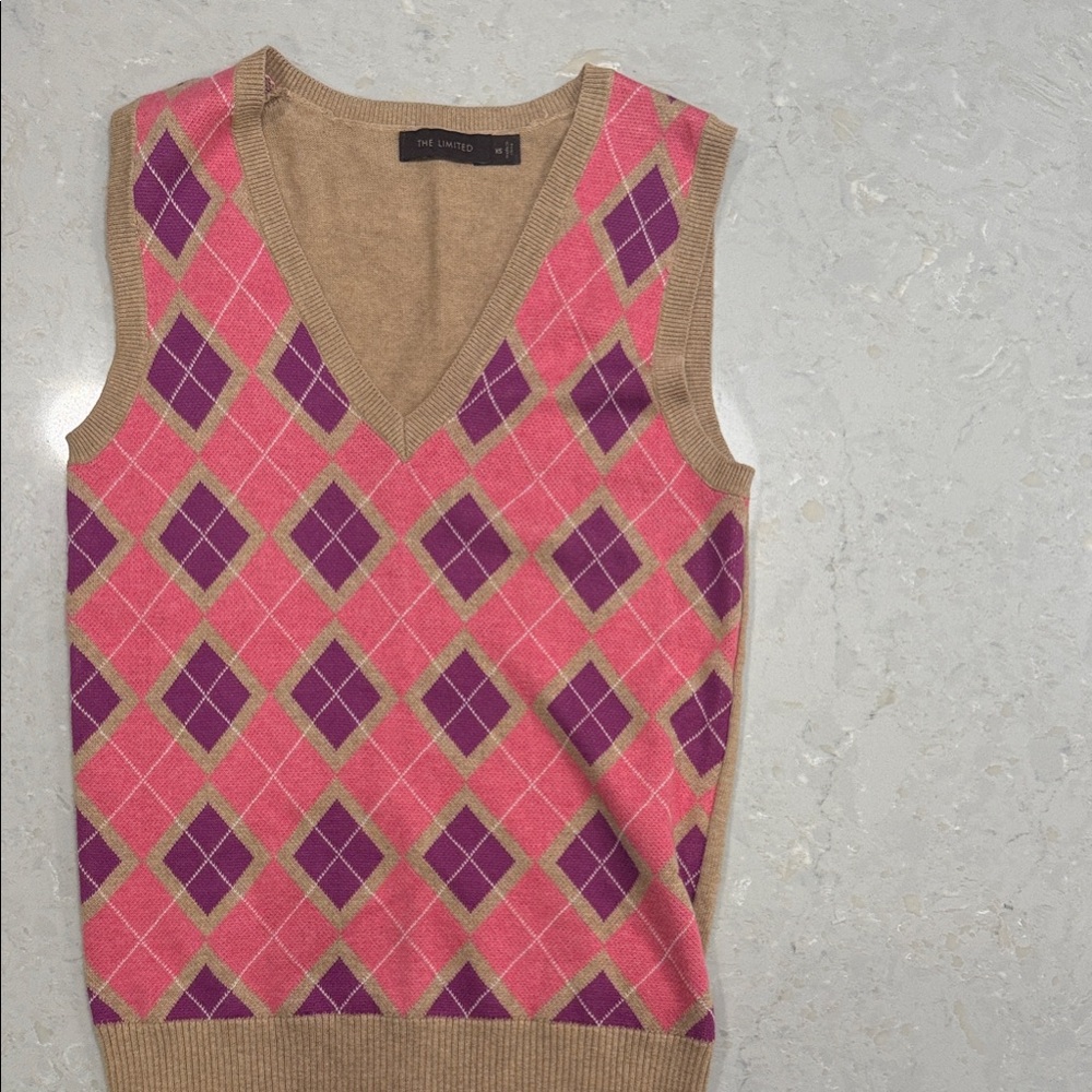 The Limited Pink Purple Tan Argyle Knit Sweater Vest